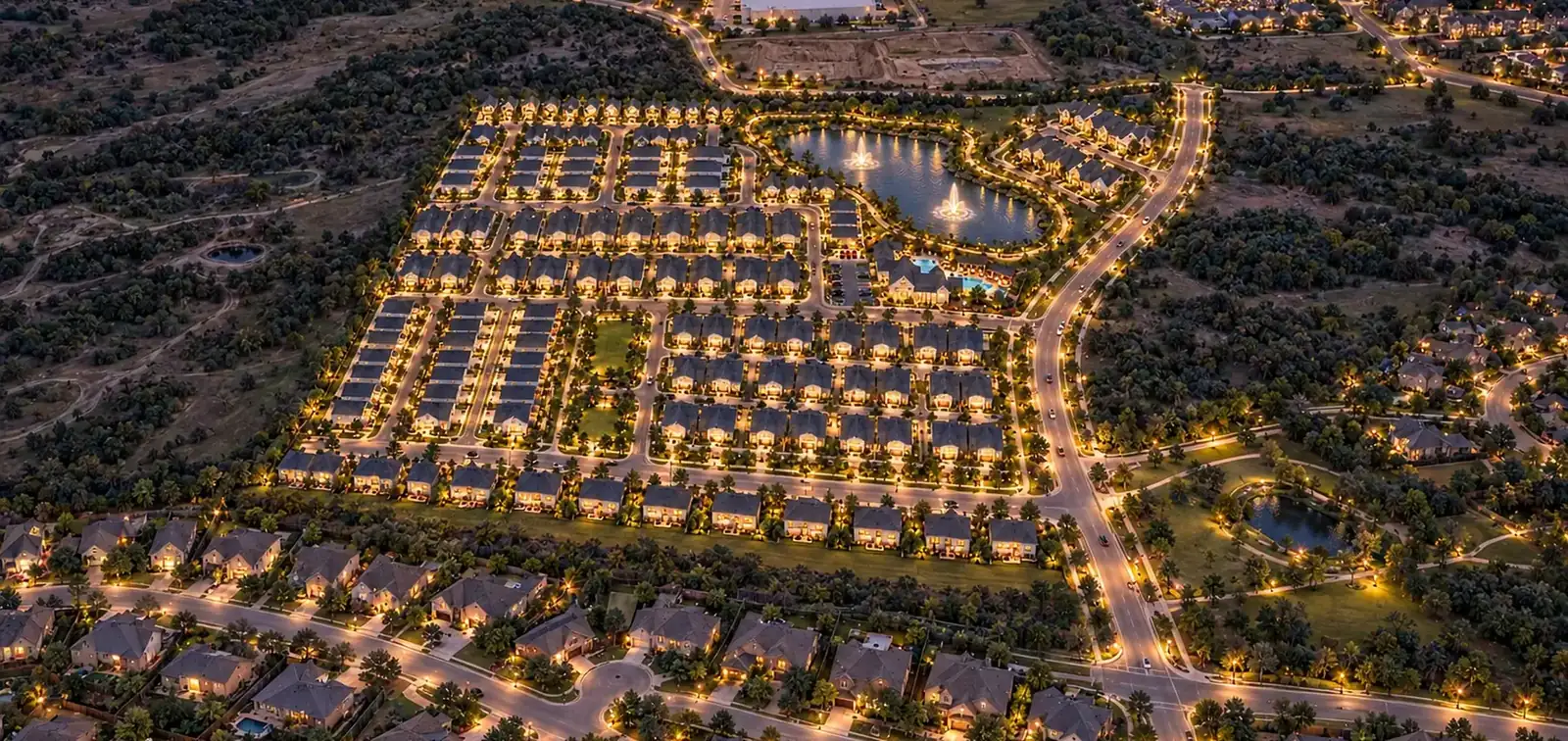Conceptual aerial rendering of Lookout Ridge at dusk