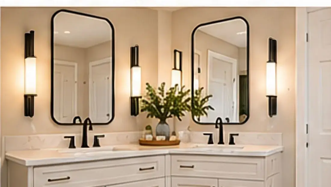 Primary bath with double vanity and black arched mirrors