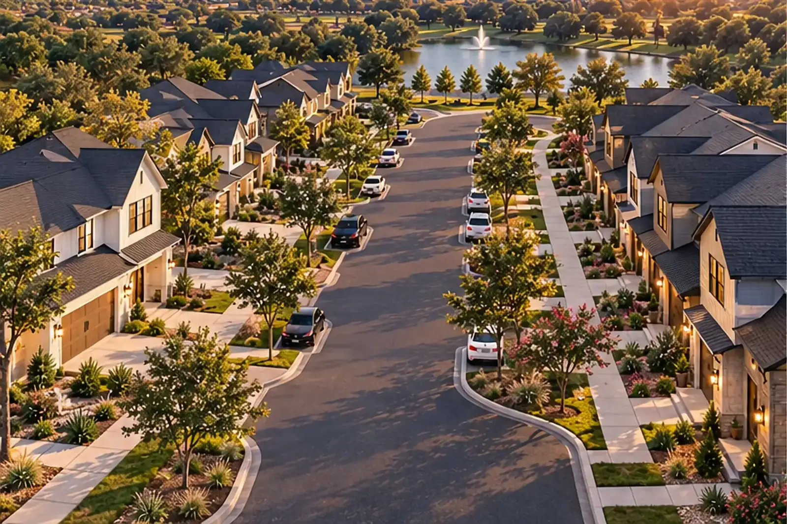 Aerial view of curving streets and planted parkways
