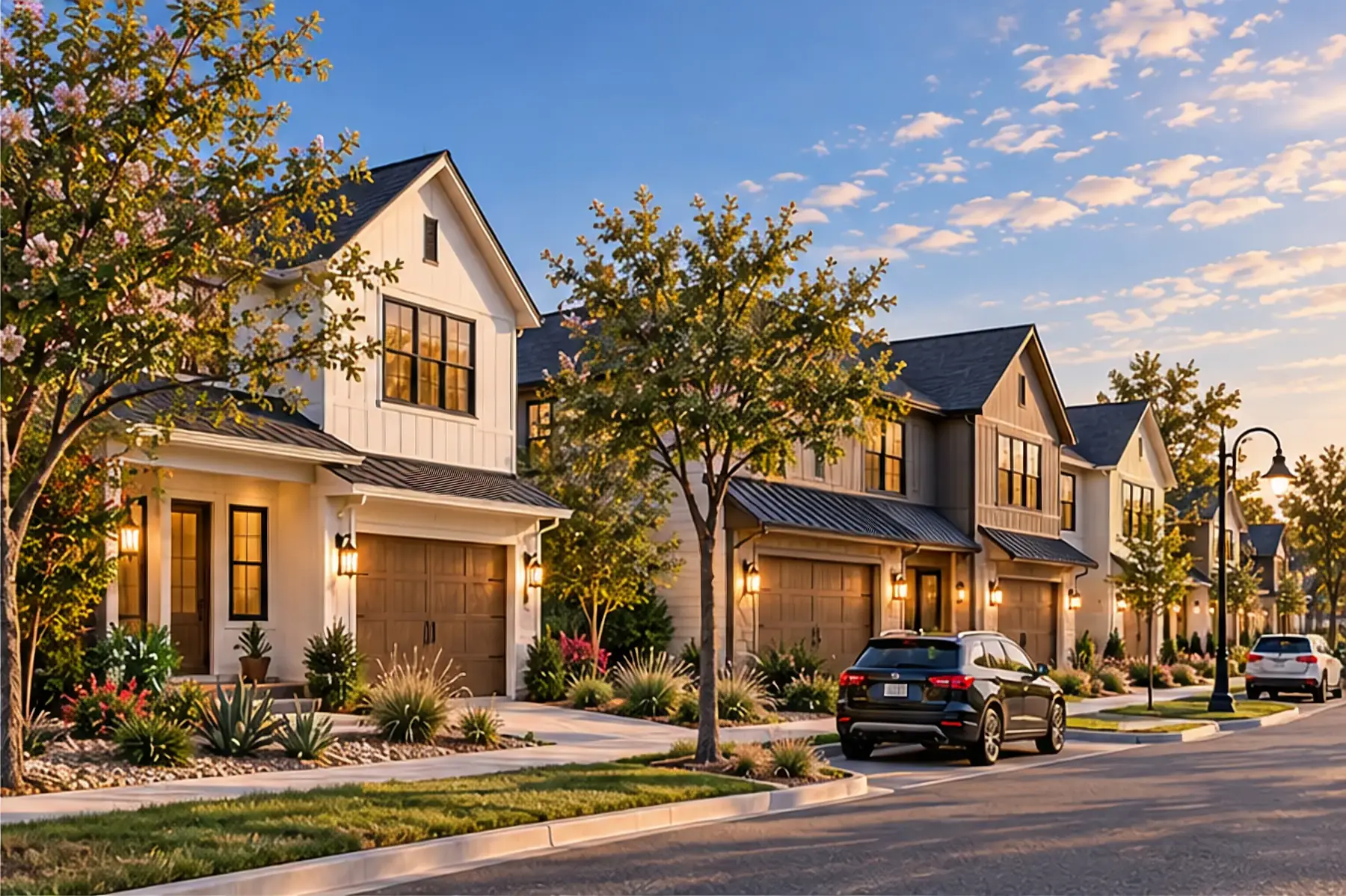 Front porches, garages and planted beds along the curb