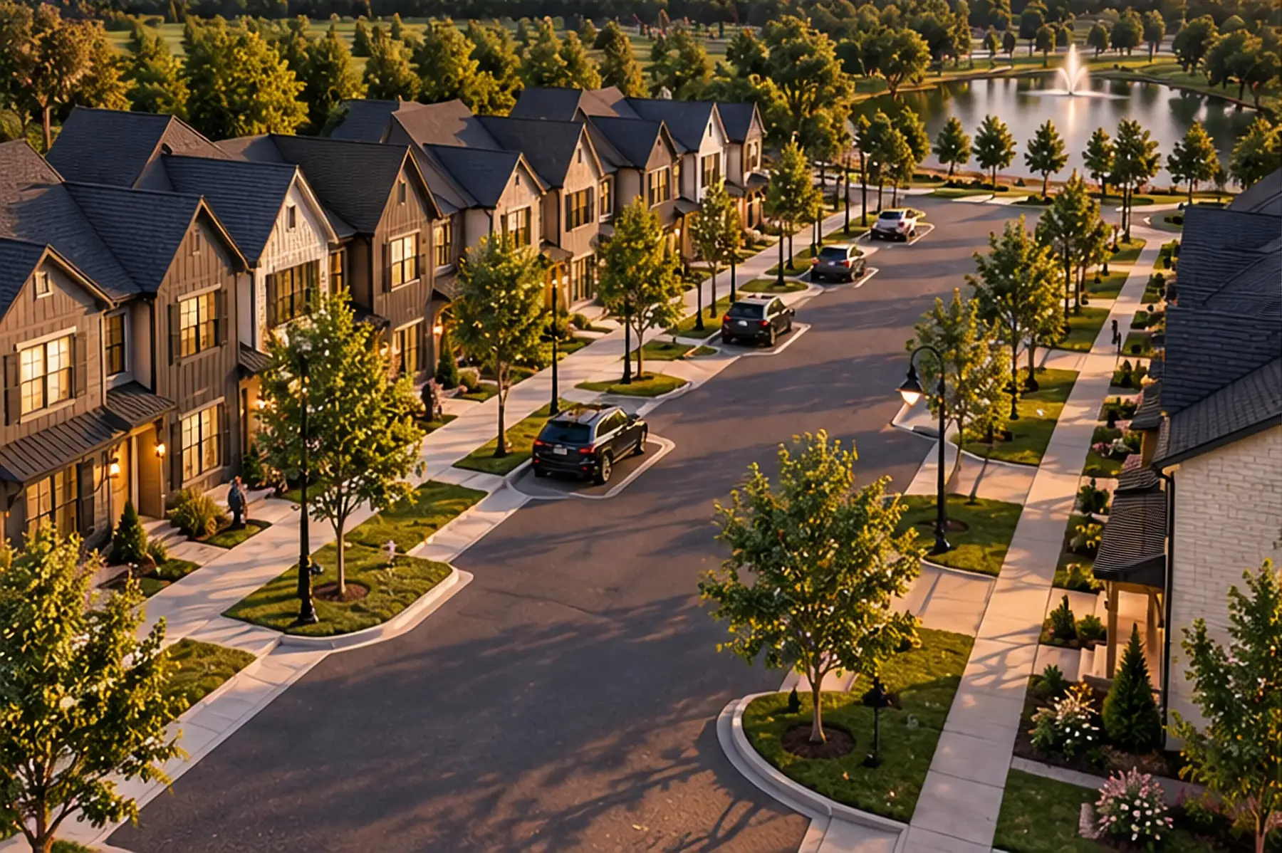 Homes opening toward the pond and fountain